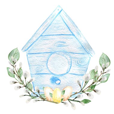 Yumurta ve söğütle suluboya Paskalya kuşları evi. İzole edilmiş beyaz bir arkaplanda resim.