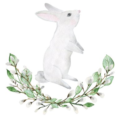 Paskalya çelengi ve tavşan suluboya. İzole edilmiş beyaz bir arkaplanda resim.