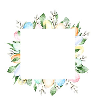 Suluboya Paskalya Çerçevesi. Bahar tebrik kartı. Tatil illüstrasyonu.