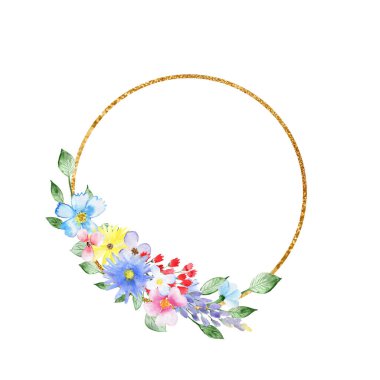 Çiçekli geometrik altın çerçeve. Düğün kartı. Davetiye kartı. Bir parti için tasarım. Suluboya bileşimi.