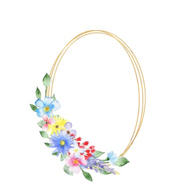 Çiçekli geometrik altın çerçeve. Düğün kartı. Davetiye kartı. Bir parti için tasarım. Suluboya bileşimi.