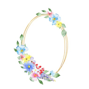 Çiçekli geometrik altın çerçeve. Düğün kartı. Davetiye kartı. Bir parti için tasarım. Suluboya bileşimi.