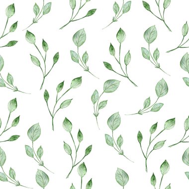 Yeşil yapraklı dikişsiz suluboya desen. Tekstil dokusu.