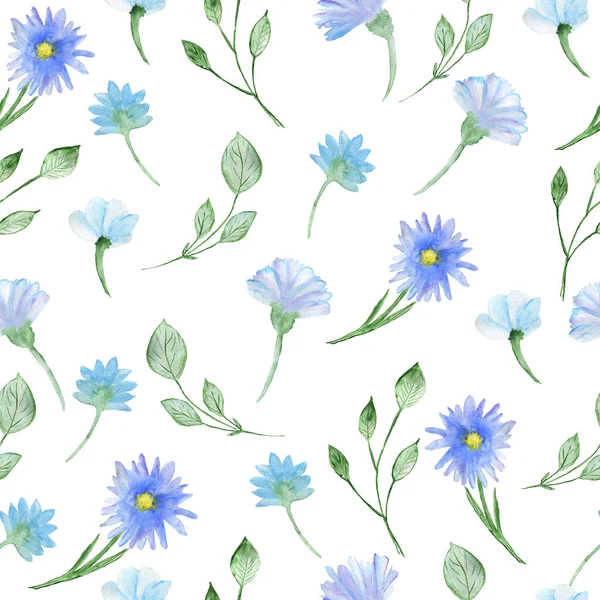 Mavi çiçekli ve yeşil yapraklı suluboya desenli.