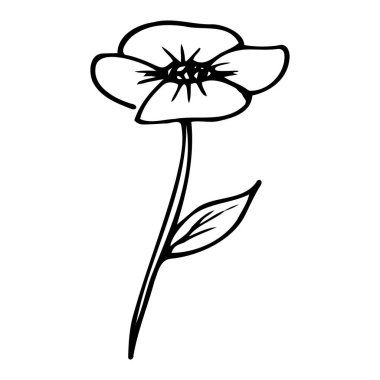 Vektör çizgisi, çiçek ve yapraklar beyaz arkaplanda siyah olarak izole edilmiş.