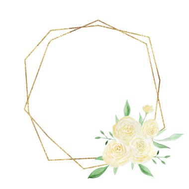 Altın çerçeveli ve suluboya çiçek aranjmanı. Yeşil yapraklı bej gül.