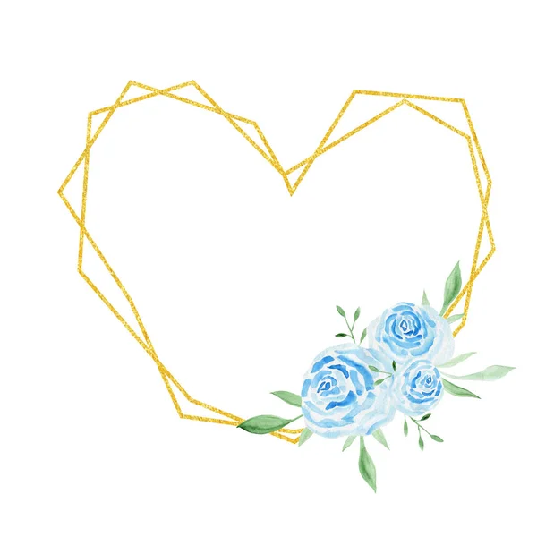 Akwarela w złotej ramce niebieskich róż. Pocztówka z zaproszeniem na ślub. — Zdjęcie stockowe