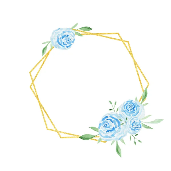 Altın çerçeveli mavi güllerde suluboya. Düğün davetiyesi olan bir kartpostal..