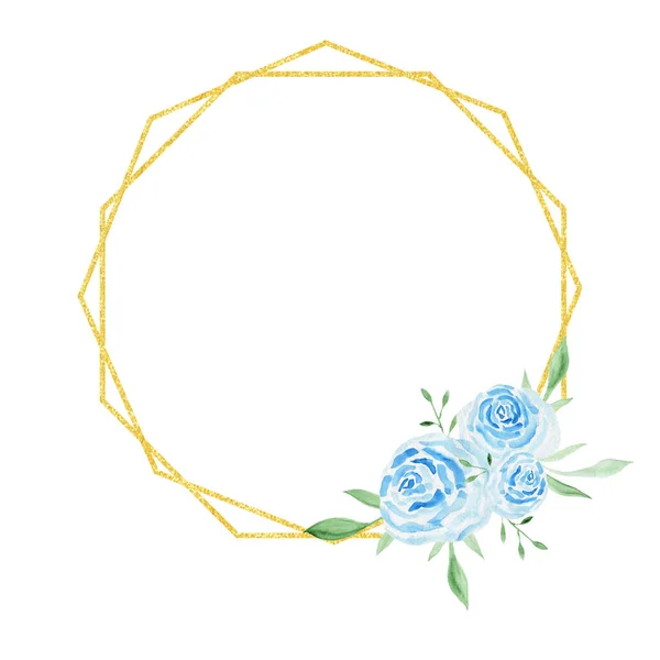 Acquerello in una cornice d'oro di rose blu. Cartolina con invito al matrimonio. — Foto Stock