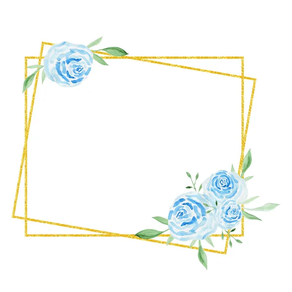 Υδατογραφία σε χρυσό πλαίσιο από μπλε τριαντάφυλλα. Ταχυδρομική κάρτα με πρόσκληση για το γάμο. — Φωτογραφία Αρχείου