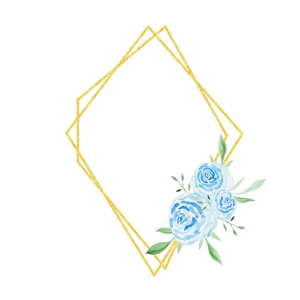 Altın çerçeveli mavi güllerde suluboya. Düğün davetiyesi olan bir kartpostal.. — Stok fotoğraf