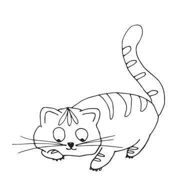 Vektör komik çizgi film kedisi. Çocuk illüstrasyonu. Yazdırma işlemi. Evcil hayvanlar. Şirin kedi..