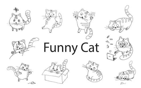 Vektör komik çizgi film kedisi. Çocuk illüstrasyonu. Yazdırma işlemi. Evcil hayvanlar. Şirin kedi..
