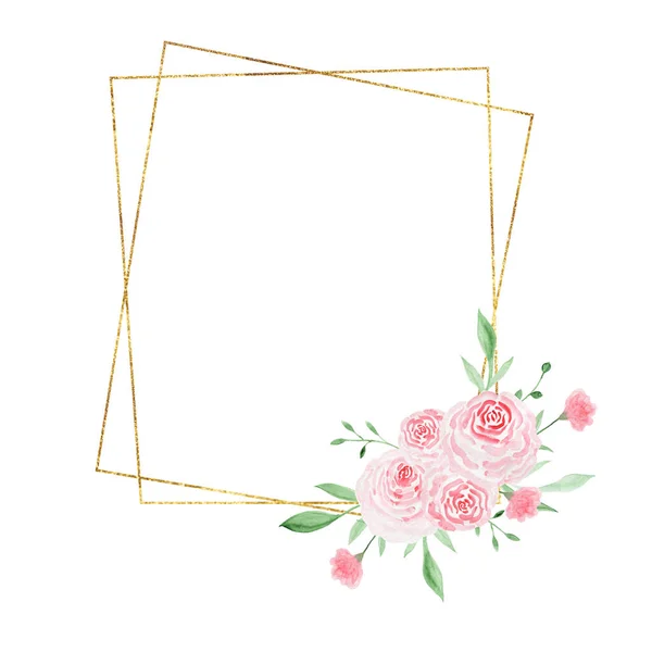 黄金几何框架与玫瑰。水彩画。装饰水彩花。构图花卉图解. — 图库照片
