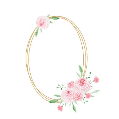 Güllü altın geometrik çerçeve. Suluboya çizimi. Süslü suluboya çiçekler. Kompozisyonlar çiçek illüstrasyonu.