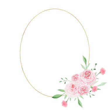 Güllü altın geometrik çerçeve. Suluboya çizimi. Süslü suluboya çiçekler. Kompozisyonlar çiçek illüstrasyonu.