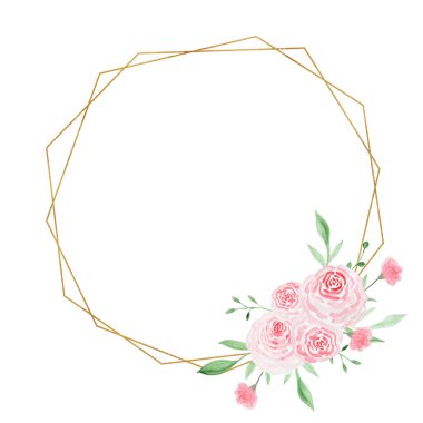 Güllü altın geometrik çerçeve. Suluboya çizimi. Süslü suluboya çiçekler. Kompozisyonlar çiçek illüstrasyonu.