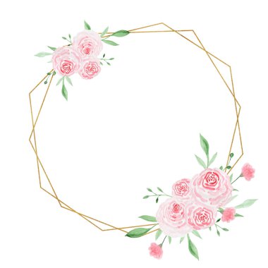 Güllü altın geometrik çerçeve. Suluboya çizimi. Süslü suluboya çiçekler. Kompozisyonlar çiçek illüstrasyonu.