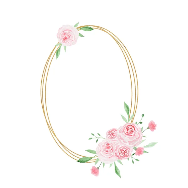 Güllü altın geometrik çerçeve. Suluboya çizimi. Süslü suluboya çiçekler. Kompozisyonlar çiçek illüstrasyonu.