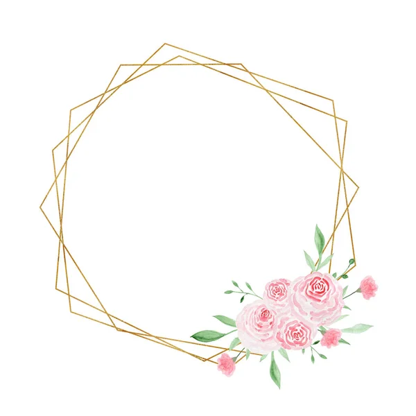 Goud geometrisch frame met rozen. Aquarelillustratie. Decoratieve aquarelbloemen. Samenstellingen bloemen illustratie. — Stockfoto