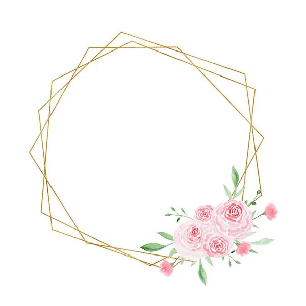 Cornice geometrica in oro con rose. Illustrazione ad acquerello. Fiori decorativi ad acquerello. Composizione illustrazione floreale. — Foto Stock