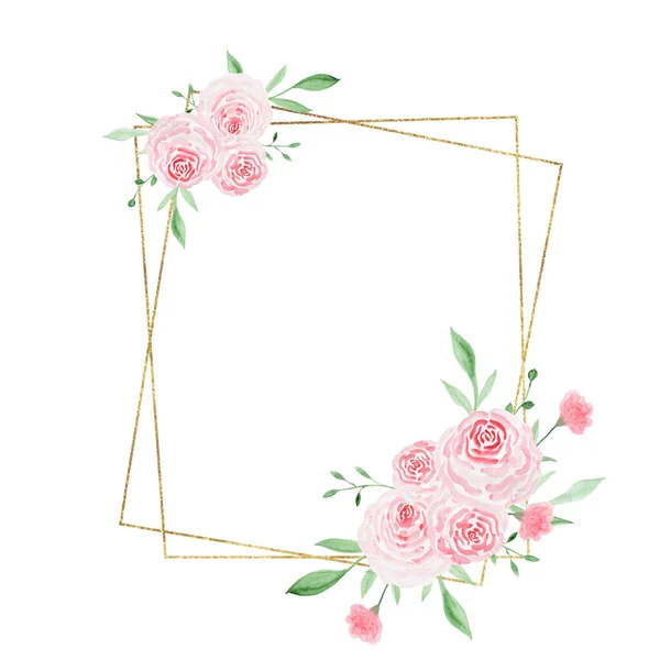Goud geometrisch frame met rozen. Aquarelillustratie. Decoratieve aquarelbloemen. Samenstellingen bloemen illustratie. — Stockfoto