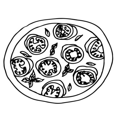 Vector Pizza El Çizimi Çizimi. Logo. Pizzacıya bir resim. Tişört baskısı için çizim.