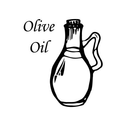 Beyaz arka planda bir şişe zeytinyağı. İzole edilmiş. Karalama çizimi tarzında el çizimi bir vektör çizimi.