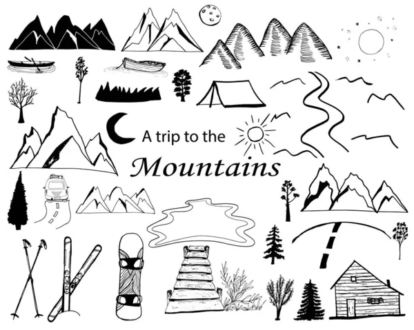 Ikona nápisu Mountain Doodle. Přírodní vektorové ilustrace Ručně kreslené umění. Kempování. Cesta autem do hor. Lyžování a snowboarding. — Stockový vektor