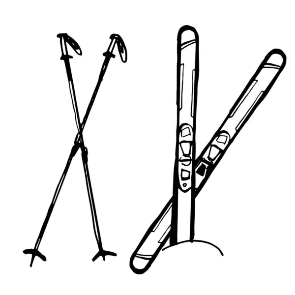 Grafis ski gambar tangan hitam dan gambar vektor putih. Olahraga musim dingin. - Stok Vektor