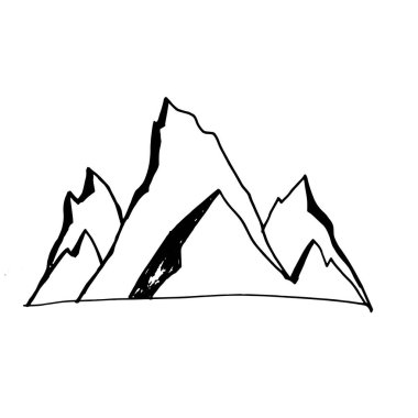 Beyaz arka planda izole edilmiş elle çizilmiş dağlar, vektör. Tebrik kartları ve selamlar için yazdır.