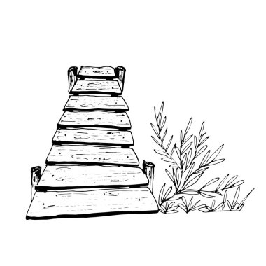 Tahta köprü, beyaz arka plan, vektör. Tebrik kartları ve selamlar için yazdır.