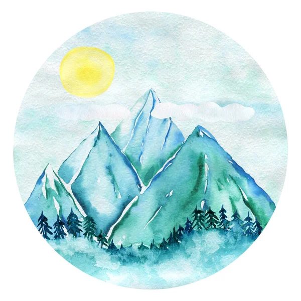 Watercolor landscape in a circle, with a sun, mountains and a forest. Mountain adventure. Print for a postcard and Illustration for a T-shirt.