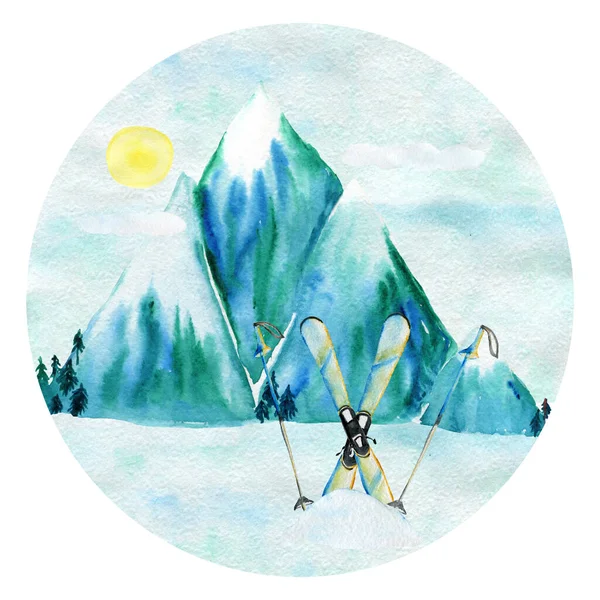 Akvarel krajina v kruhu, s lyží, sluncem, horami a lesem. Horské dobrodružství. Tisk pohlednice a ilustrace na tričko. — Stock fotografie