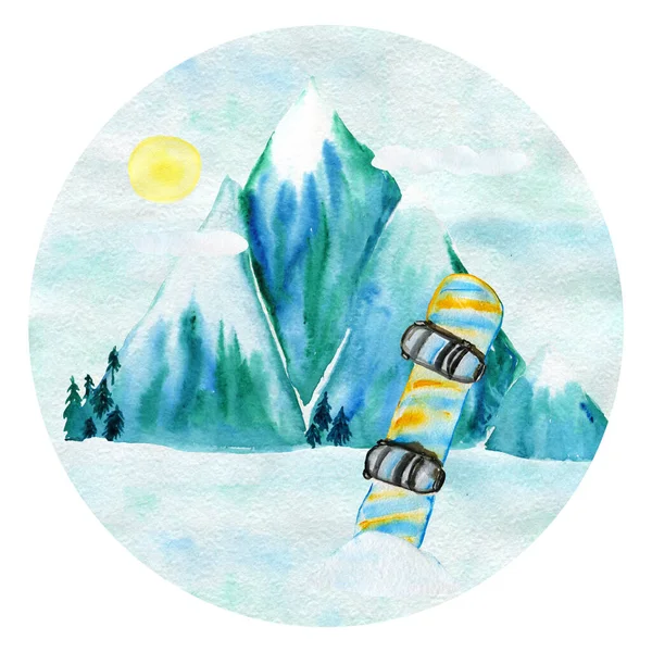 Акварельний пейзаж у колі, зі сноубордом, сонцем, горами та лісом. Гірські пригоди. Друк листівки та ілюстрації для футболки . — стокове фото