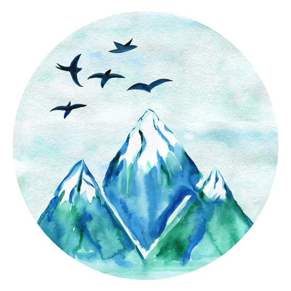 Akvarelllandskap i en cirkel, med berg och fåglar. Bergsäventyr. Skriv ut för vykort och illustration till T-shirt. — Stockfoto