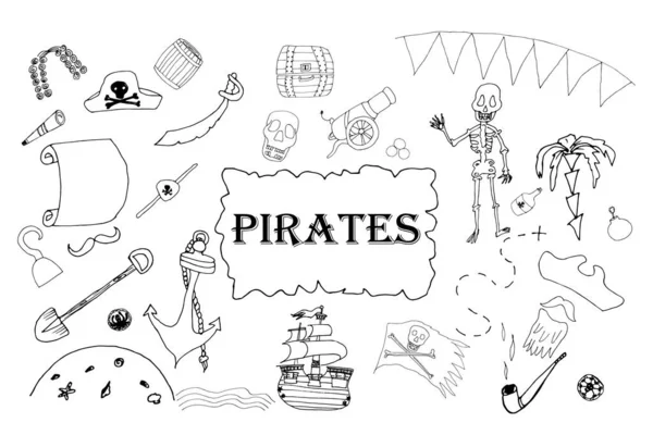 Um conjunto de piratas. Ilustrações para festas. Para impressão. Festa de aniversário das crianças. Doodle.... —  Vetores de Stock