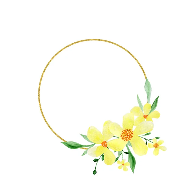 Aquarel gele bloemen in een gouden frame. Huwelijksuitnodigingen. Wenskaarten. Wilde bloemen. — Stockfoto