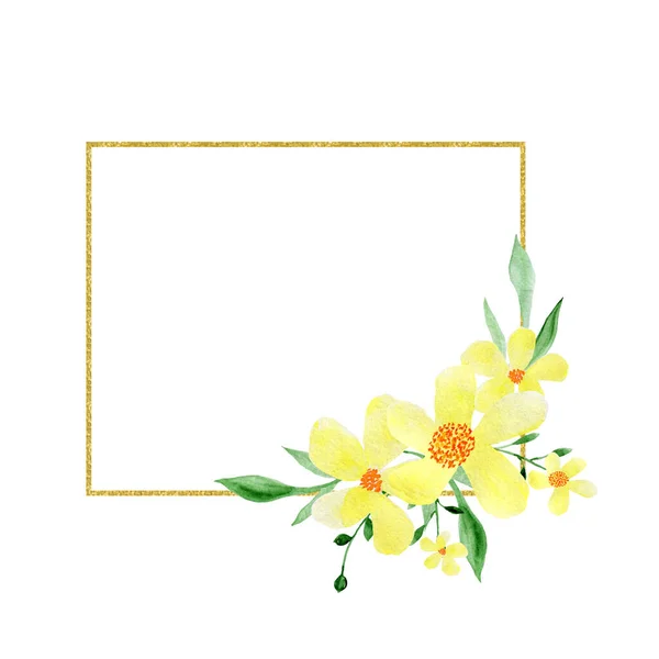 Akvarell Sárga Virágok Arany Keretben Esküvői Meghívók Üdvözlőlapok Vadvirágok Illusztráció — Stock Fotó