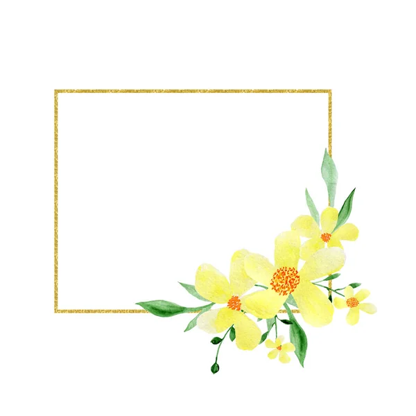 Watercolor yellow flowers in a gold frame. Wedding invitations. Greeting cards. Wildflowers. Illustration for printing on paper.