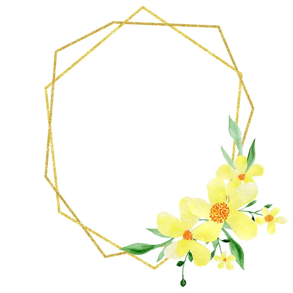 金の枠に黄色の花を水彩 結婚式の招待状 グリーティングカード 野の花 紙本印刷用イラスト — ストック写真