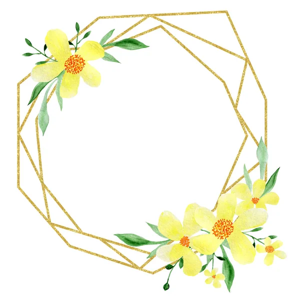 Aquarell Gelbe Blumen Einem Goldenen Rahmen Hochzeitseinladungen Grußkarten Wildblumen Illustration — Stockfoto