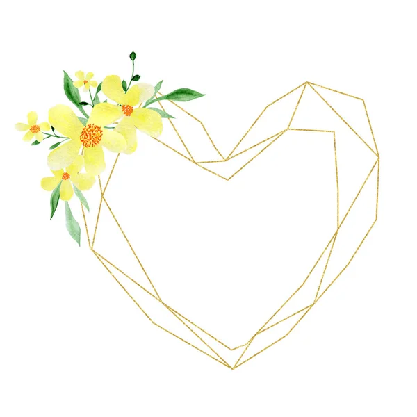 Akvarel Žluté Květy Zlatém Rámečku Svatební Pozvánky Pozdrav Divoké Květiny — Stock fotografie