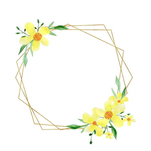 Aquarel Gele Bloemen Een Gouden Frame Huwelijksuitnodigingen Wenskaarten Wilde Bloemen — Stockfoto