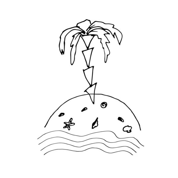 Un'isola disabitata con palme, sabbia e conchiglie. Illustrazione dei bambini vettoriali. Un set per le vacanze dei bambini. Stampa su tessuto. Doodle.. — Vettoriale Stock