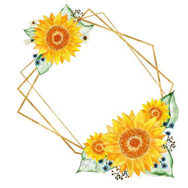 Ayçiçeği ve yaprak elementleriyle altın çerçeveler. Bir buket ayçiçeği. Suluboya çiçek aranjmanı. Davetiyeler ve kartpostallar için resim.