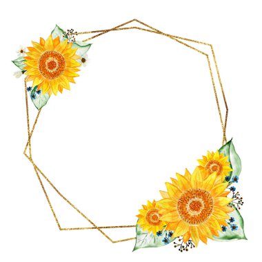 Ayçiçeği ve yaprak elementleriyle altın çerçeveler. Bir buket ayçiçeği. Suluboya çiçek aranjmanı. Davetiyeler ve kartpostallar için resim.