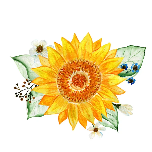 Букет подсолнухов. Акварель цветок расположение. Иллюстрация для приглашений и открыток. — стоковое фото