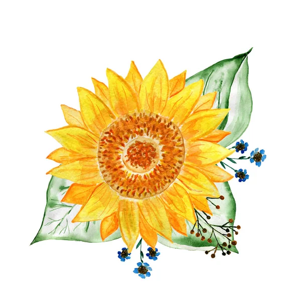 Een boeket zonnebloemen. Aquarel bloemstuk. Illustratie voor uitnodigingen en ansichtkaarten. — Stockfoto