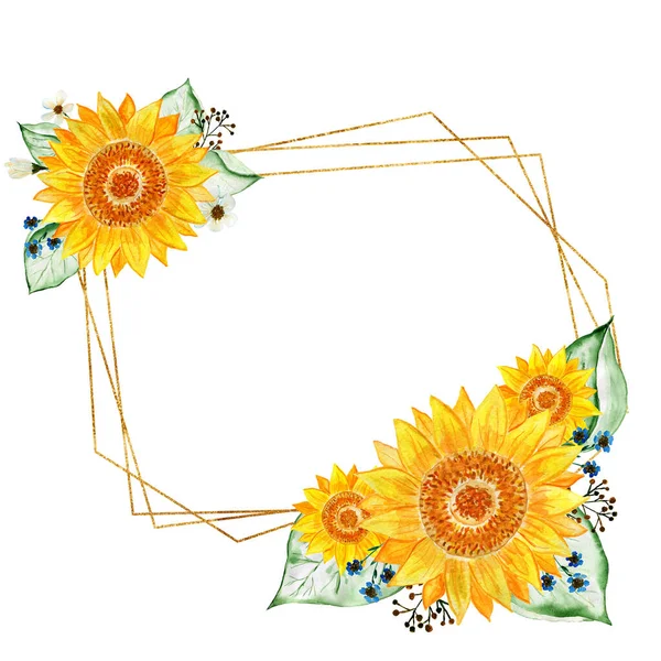 Goldrahmen mit Elementen aus Sonnenblumen und Blättern. Sonnenblumenstrauß. Aquarell-Blumenarrangements. Illustration für Einladungen und Postkarten. — Stockfoto